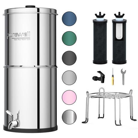 Purewell 3-Stage 0.01μm Ultra-Filtration Gravity Water Filter System, NSF/ANSI 42&372 Certification, 304 Stainless Steel Countertop System with 2 Filters and Stand, Reduce 99% Chlorine, 2.25G, PW-OB Purewell