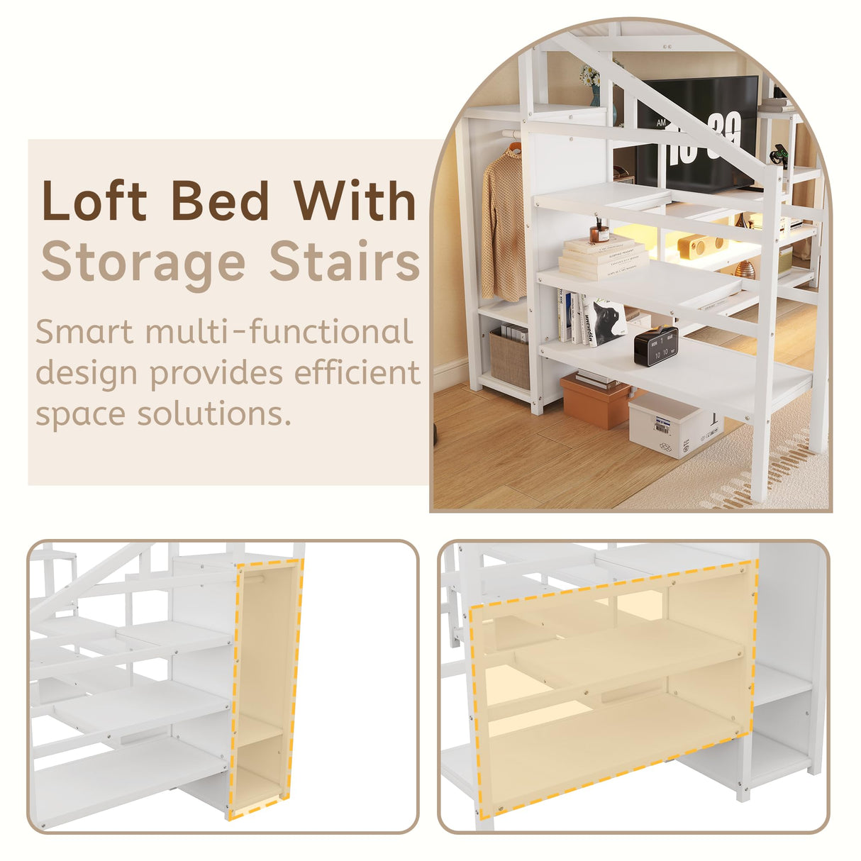 Full Size Loft Bed with LED Light & TV Table, High Loft Beds with Charging Station & Storage Bookcase, Wardrobe, Heavy-Duty Metal Lofts Frame with Stairs for Kids, Teens & Adults Dorms, White Mirightone