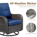 XTWEEX 7 Pieces Outdoor Patio Furniture Conversation Set Rattan Wicker with Fire Pit Table, 3 Seat Sofa, 2 Swivel Rocker Chairs, 2 Ottomans and 1 Side Table for Yard Backyard BNB (Brown/Navy Blue) XTWEEX