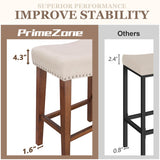 PrimeZone Counter Height Bar Stools Set of 2 - Backless Saddle Barstools with 4.3" Thick Upholstered, Nailhead Trim Linen Fabric & Solid Wood Legs, 26 Inch Counter Stools for Kitchen Island, Beige PrimeZone