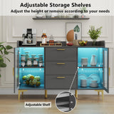 Auromie Sideboard Buffet Cabinet with 3 Drawers, Kitchen Storage Cabinet with LED Light, Coffee Bar Cabinet with Adjustable Shelf,Modern Organizer Cabinet with Door (Grey) Auromie