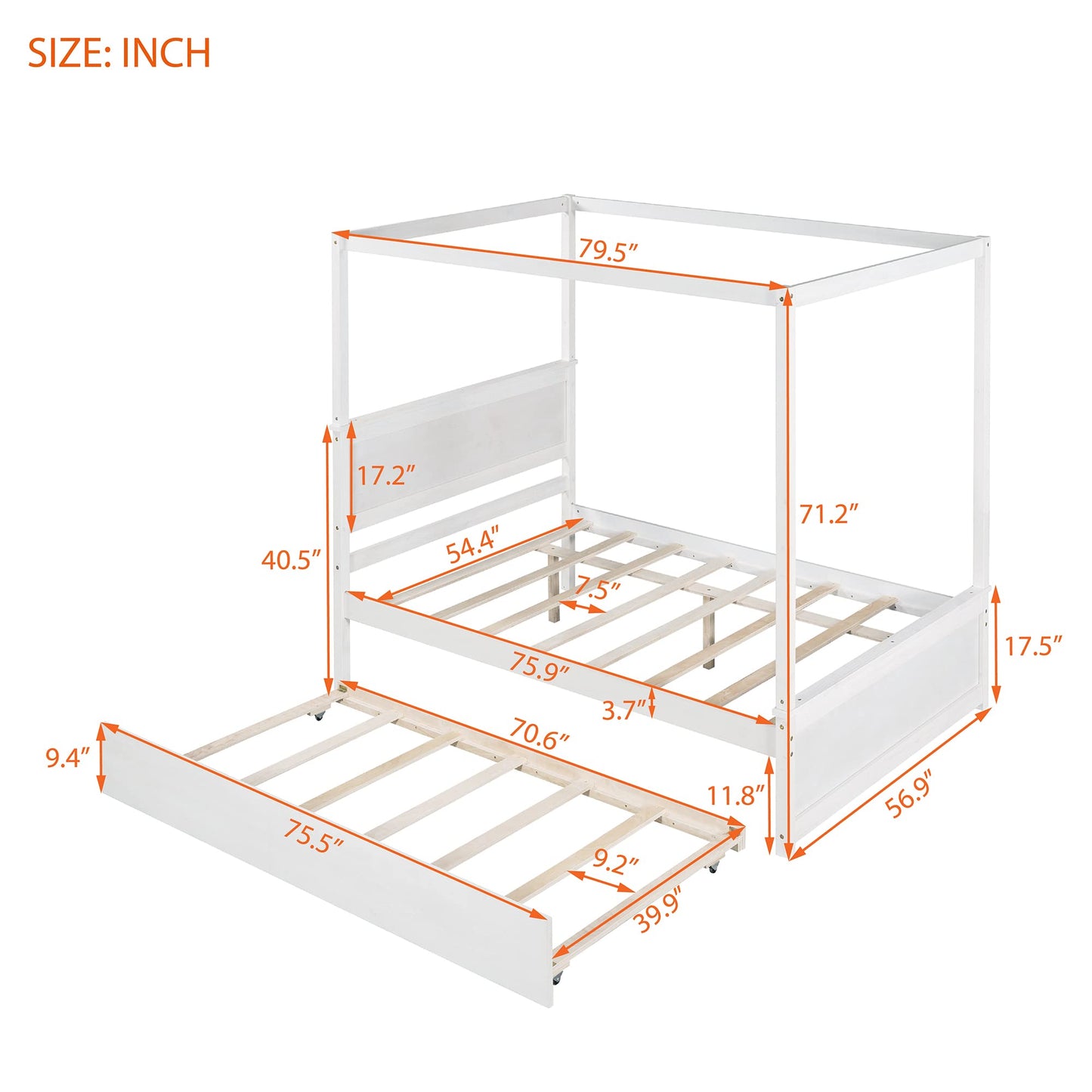 Bellemave Full Canopy Bed with Twin Size Trundle, Wood Full Platform Bed with Headboard and Slat Support, Modern 4 Poster Panel Bed for Kids, Teens, Adults. No Box Spring Needed (Full, White)