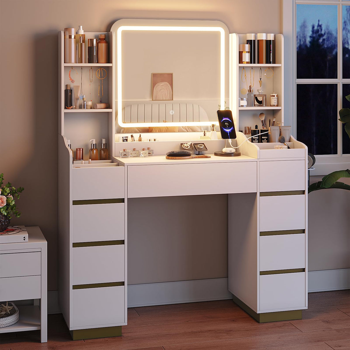 Halitaa Large White Vanity with Lighted Mirror,3 Lighting Modes, 9 Drawers Gold Accent Makeup Vanity Table with Charging Station and 4 Shelves Halitaa