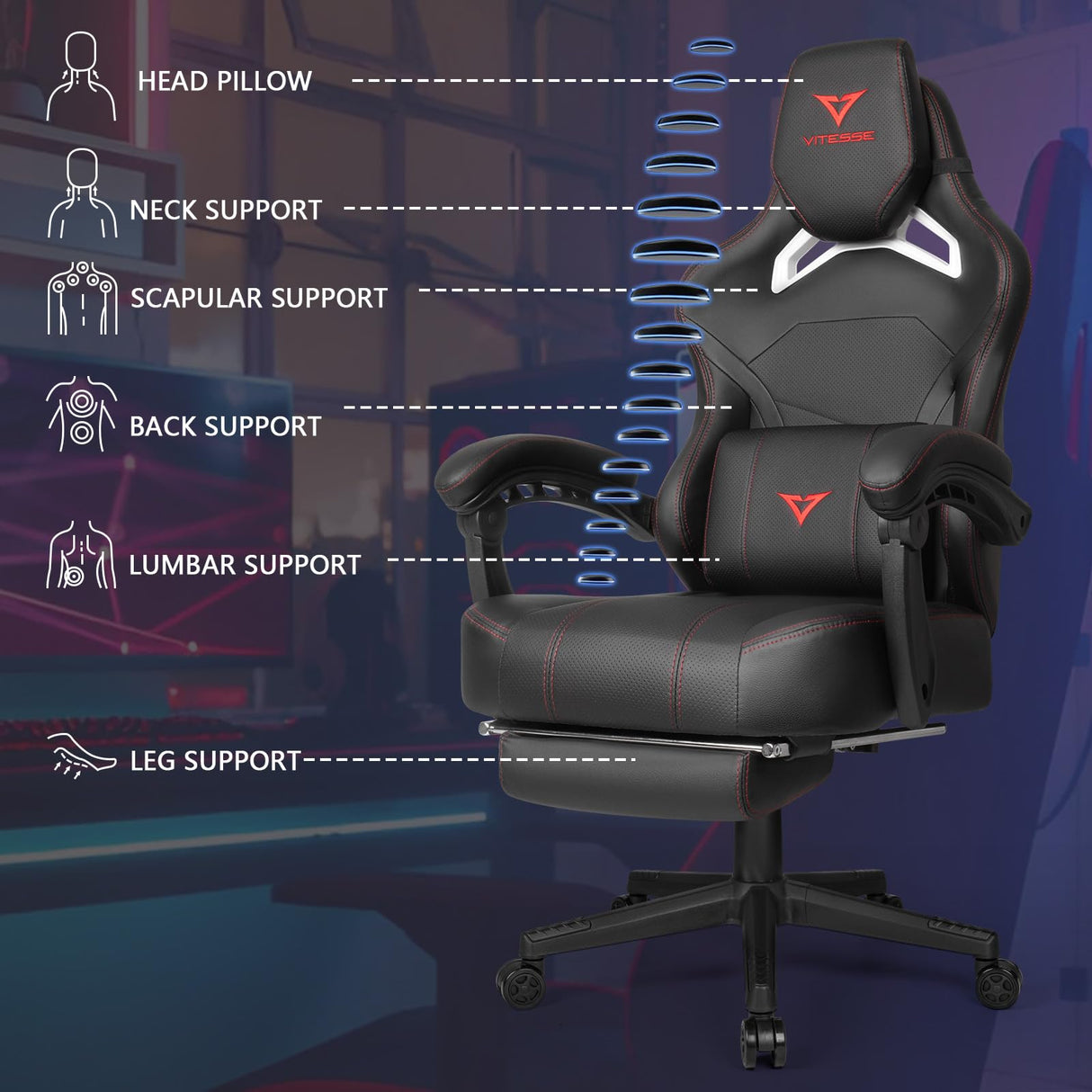 Waleaf Big and Tall Gaming Chair for Adults with Footrest, 400lbs Weight Capacity Video Game Chairs for Office, Ergonomic Computer Gaming Chair with Lumbar Support and Headrest (Red) Waleaf