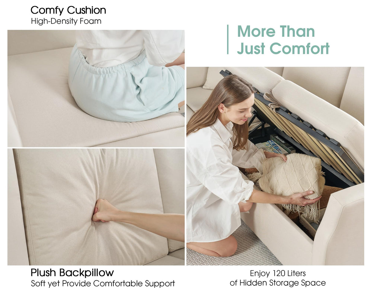 Jocisland Sofa Bed, 85 Inch Sleeper Sofa with Pull Out Bed & Storage Seat, Reversible L Shape Sectional Couch for Living Room Apartment, Beige Linen Oversized Sofa Jocisland