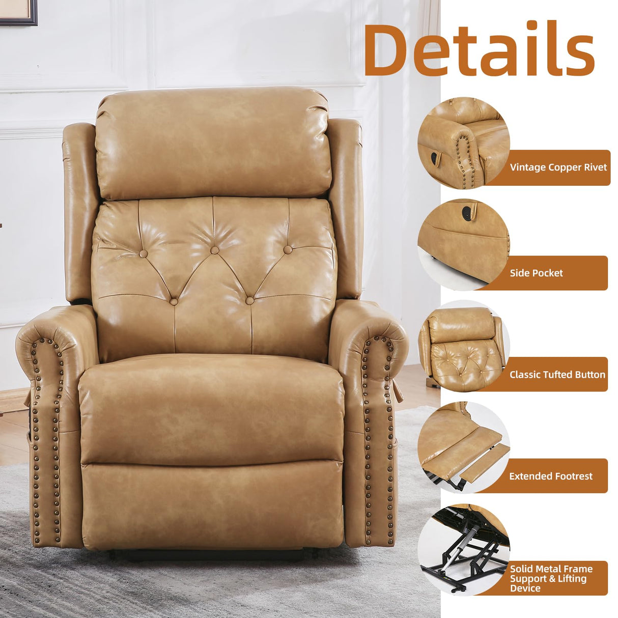 RUTOX Large Power Lift Recliner Chair for Elderly, Oversized Lay Flat Lift Chair with Adjustable Headrest, Leather Recliner Chairs with Massage and Heat, Infinite Position,Extended Footrest,Beige RUTOX