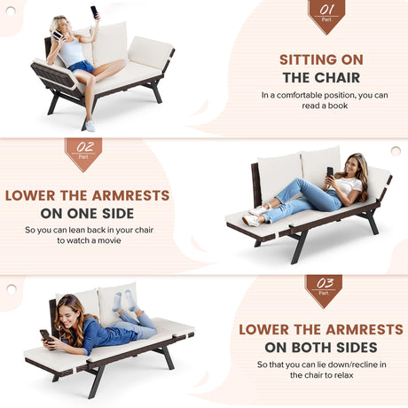 Flamaker Outdoor Convertible Sofa, Woven Rattan Patio Furniture Sunbed with Adjustable Armrests, Removable Cushions and Pillows for Patio, Porch, Pool (Brown Lounger & Beige Pillowcase) Flamaker