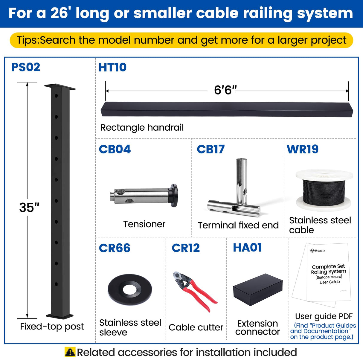 Muzata 19'6"-26' Complete Black Cable Railing Kit 36 Inch Cable Railing System for Decks with Post Handrail Length Adjustable Easy DIY with User Guide Complete Set RCS2 BH4S Muzata