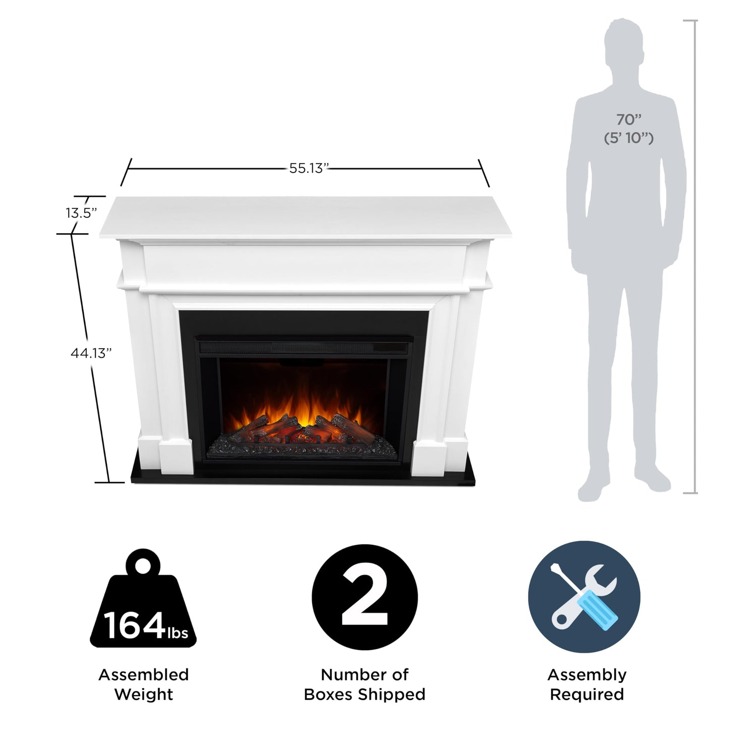 Real Flame Harlan 55” Electric Fireplace with Mantel for Living Room or Bedroom, Replaceable Fireplace Insert Heater, Realistic Log and Flame Effect, Remote Control, Timer, White