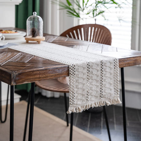 Alynsehom Macrame Table Runner Cream Beige Boho Table Runners with Tassels Hand Woven Cotton Table Runner Rustic Farmhouse Table Runners for Bohemian Kitchen Dining Table(12x71in) Alynsehom
