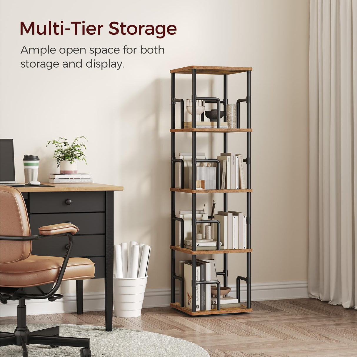 MAHANCRIS 4-Tier Rotating Bookshelf, Freestanding Corner Bookshelf, 360° Spinning Bookcase, Industrial Style Storage Rack with Rails, for Living Room, Bedroom, Study, Rustic Brown and Black BKHR1501 MAHANCRIS