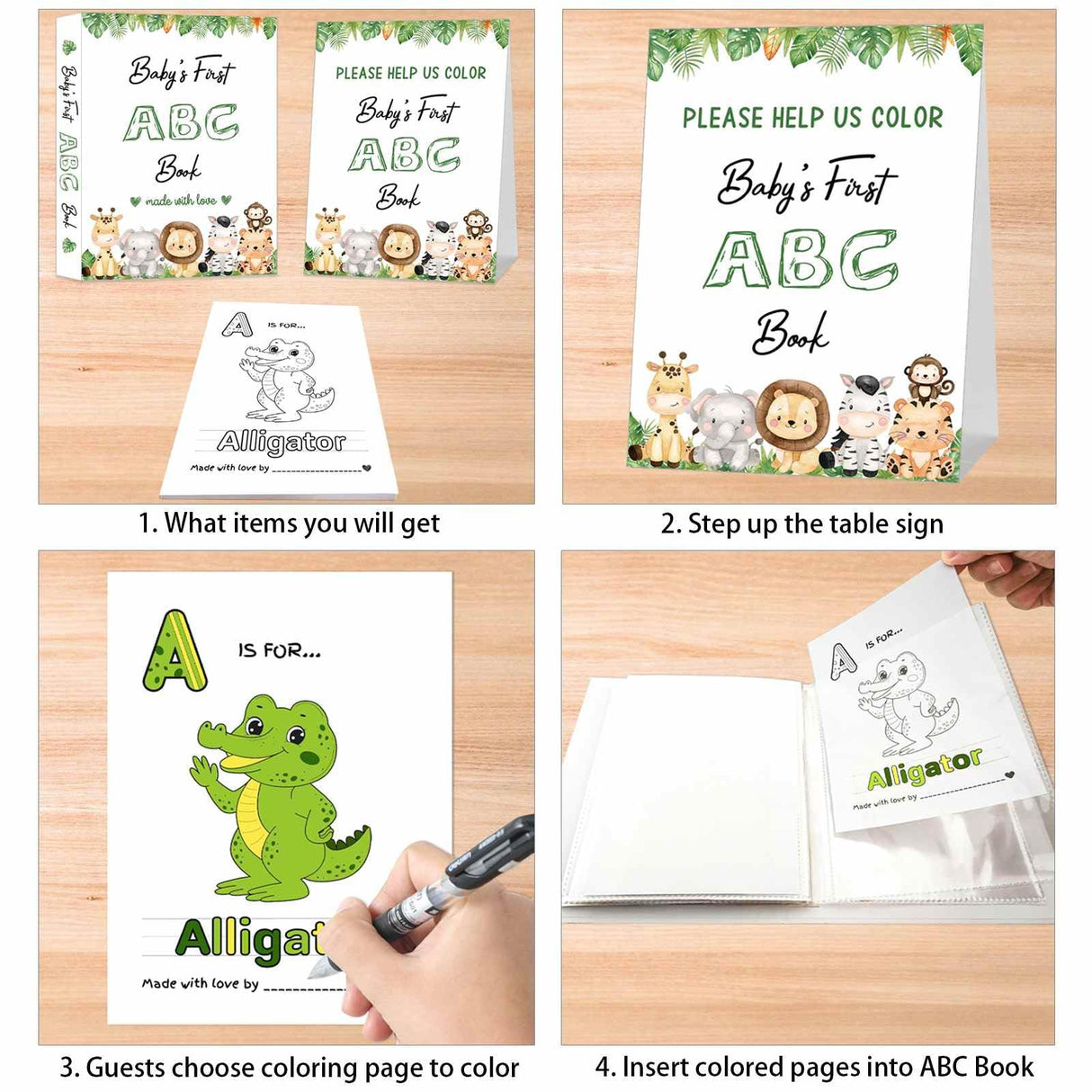 Baby's First ABC Book Baby Shower Activity Keepsake Game, Safari Jungle ABC Coloring Baby Shower Guest Book, Baby's First Alphabet Coloring Book, Alphabet A to Z Coloring Pages hongpar