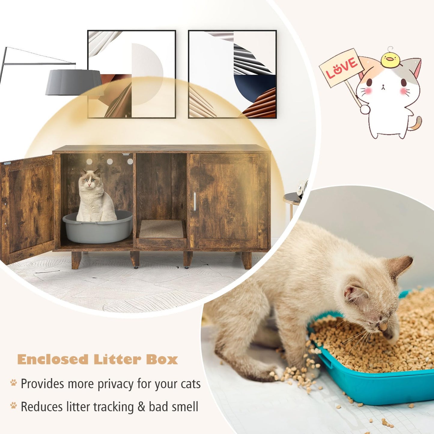 Tangkula Double Cat Litter Box Enclosure for 2 Cats, Large Stackable Hidden Privacy Cat Washroom Cabinet with Scratching Board, Indoor Cat House TV Stand, Litter Box Furniture (Rustic Brown) - WoodArtSupply