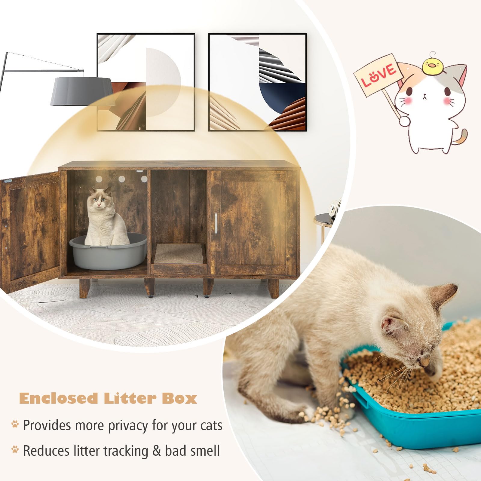 Tangkula Double Cat Litter Box Enclosure for 2 Cats, Large Stackable Hidden Privacy Cat Washroom Cabinet with Scratching Board, Indoor Cat House TV Stand, Litter Box Furniture (Rustic Brown) - WoodArtSupply