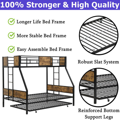 ZMIZAKOY Twin Over Full Bunk Beds with Trundle Bed,Heavy Duty Metal Bed Frame with Safety Rail 2 Side Ladders for Boys Girls Adults,Triple Bunk Bed No Box Spring Needed Space-Saving(Black)