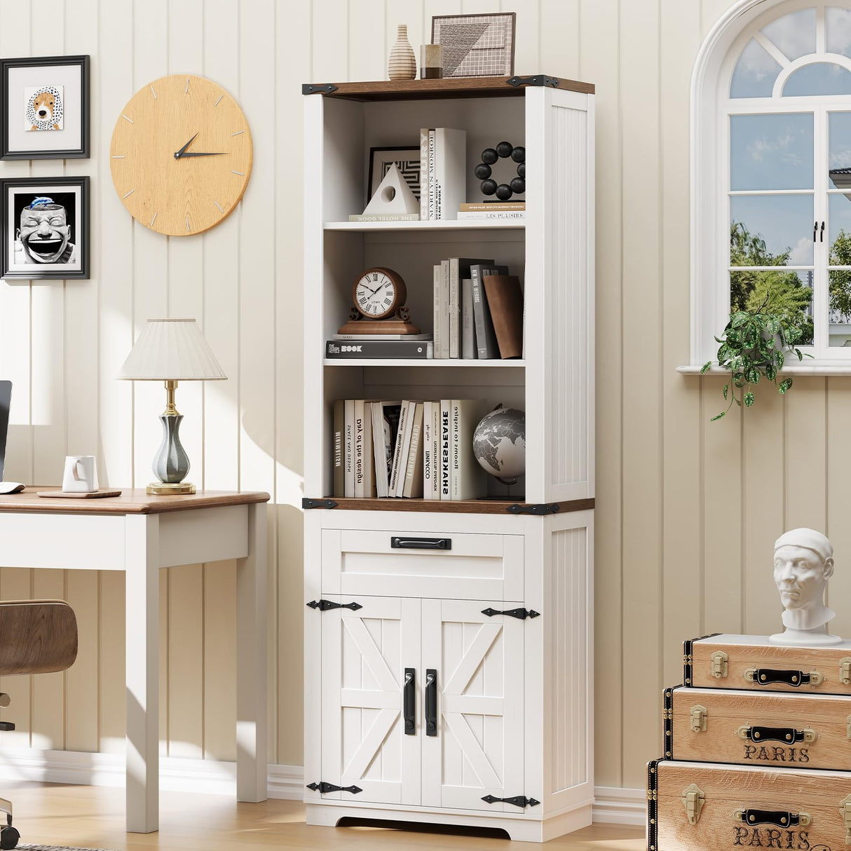 Vabches Bookshelf with Storage Cabinet, Farmhouse Bookshelf with Adjustable Shelves Tall Bookcase with Barn Doors and Drawer Freestanding Display Book Shelf for Office Living Room (Antique White) Vabches