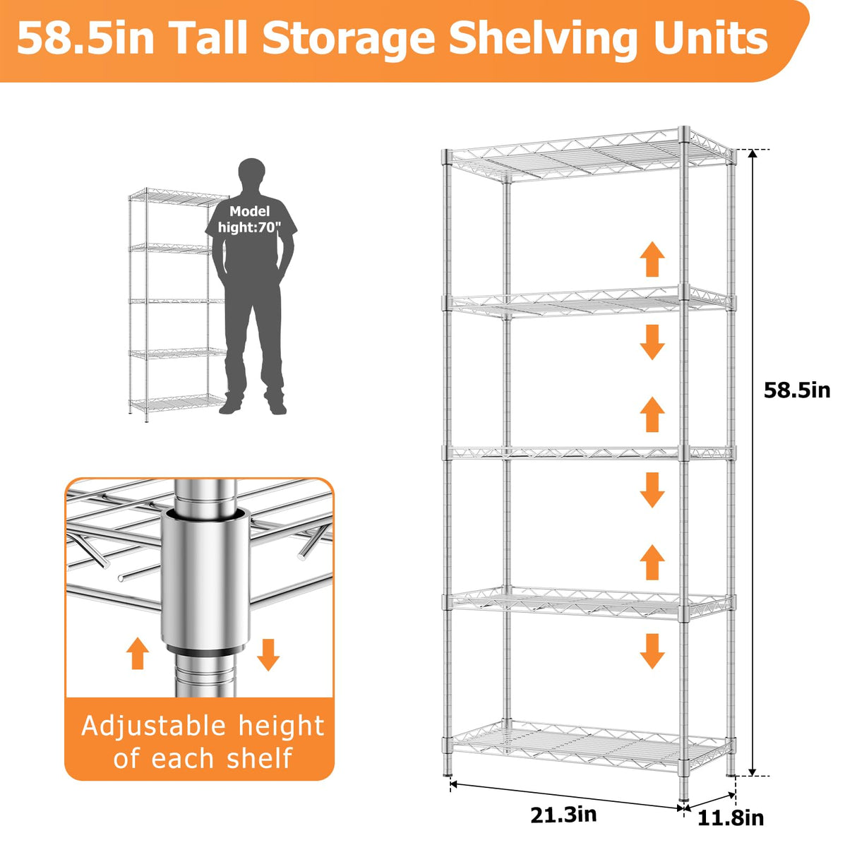 Storage Shelves,21.3"W*11.8"D*58.5"H Kitchen Wire Shelving Unit Loads 550LBS,5-tier Adjustable Metal Utility Shelf,Garage Shelves,Home Storage Rack for Kitchen,Laundry,Pantry and Closet,Chrome ROOMTEC