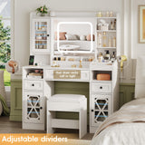 Vanity Desk with Mirror and Lights,Makeup Vanity Table with Cushioned Stool and Charging Station,3 Lighting Modes Adjustable Brightness,Drawers,Power Outlet,Shelves,White Maupvit