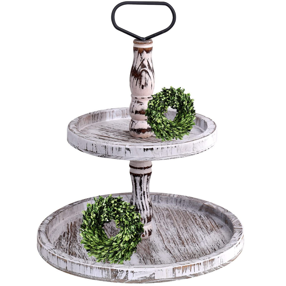 LKMANY Tiered Tray Cupcake Stand 2 Tier Tray Stand Serving Cakes Tray Decorative Trays with Handle,Round Rustic Stand for Kitchen,Homeware Display Platters for Party LKMANY
