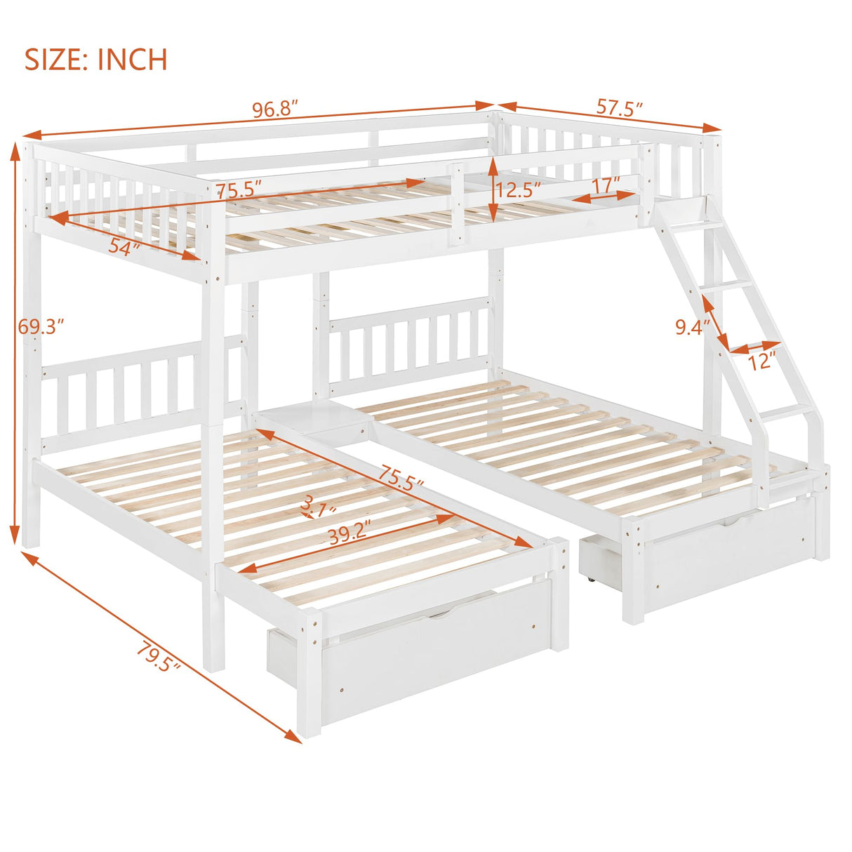 Merax Full Over Twin & Twin Bunk Bed for 3, Wooden Triple Bunk Bed with 2 Storage Drawers, Ladder and Guardrails, No Box Spring Needed, White Merax