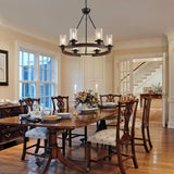 28 Inch Wagon Wheel Chandelier with Glass Shade, 6-Light Farmhouse Wood Large Round Chandeliers for Dining Room Pendant Light Fixture for Living Room Bedroom Kitchen Island Foyer Entryway GRUSTRUST