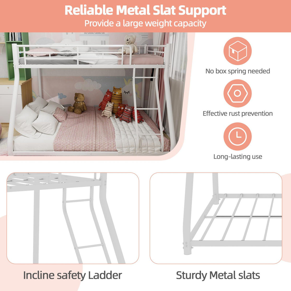 Bellemave Twin Over Full Metal Floor Bunk Bed with Inclined Ladder,Heavy Duty Bunk Beds for Adults,Twin Over Full,White Bellemave