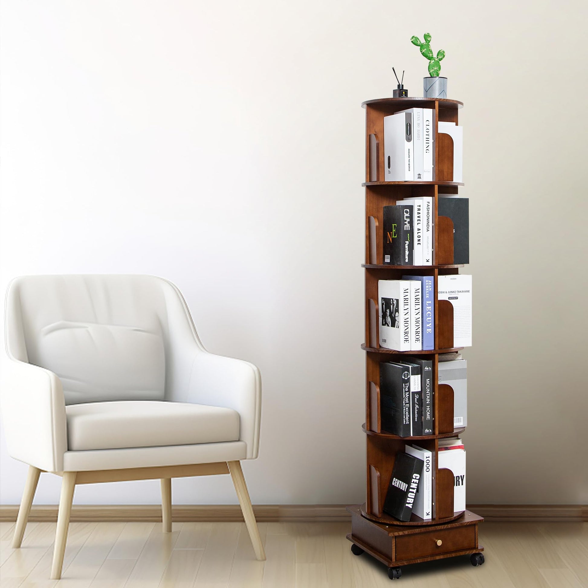 Solid Wood 360° Rotating Bookshelf Tower by GHBRHBJ - WoodArtSupply