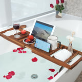 VaeFae Teak Bathtub Tray, Expandable Wooden Bath Tray for Tub with Wine and Book Holder, Solid Bathroom Caddy with Free Teak Body Brush VaeFae