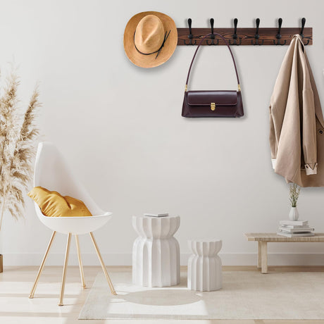 Kuhome 32.2'' Large Coat Rack Wall Mount Coat Hooks Coat Hanger with 8 Metal Black Triple- Hooks Brown Pine Real Wood Plank Hat Rack for Wall Hooks for Hanging Coat Hat Jacket Kuhome