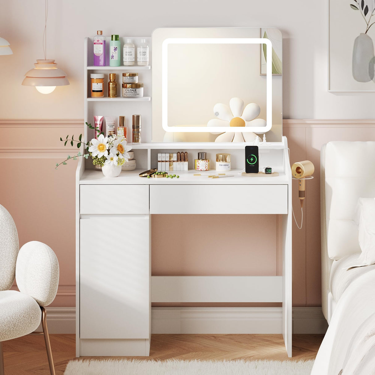 Vabches Makeup Vanity Desk with Mirror and Lights, White Vanity Table with Lighted Mirror & Power Outlet, Makeup Desk with 2 Drawers and Cabinet, for Bedroom Vabches