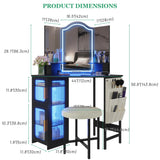 LVSOMT Corner Vanity Desk with Mirror and Lights, Makeup Vanity with Charging Station, Dressing Table with 3 Lighting Options, Vanity Set with Stool, Women’s Vanity for Bedroom, Black LVSOMT