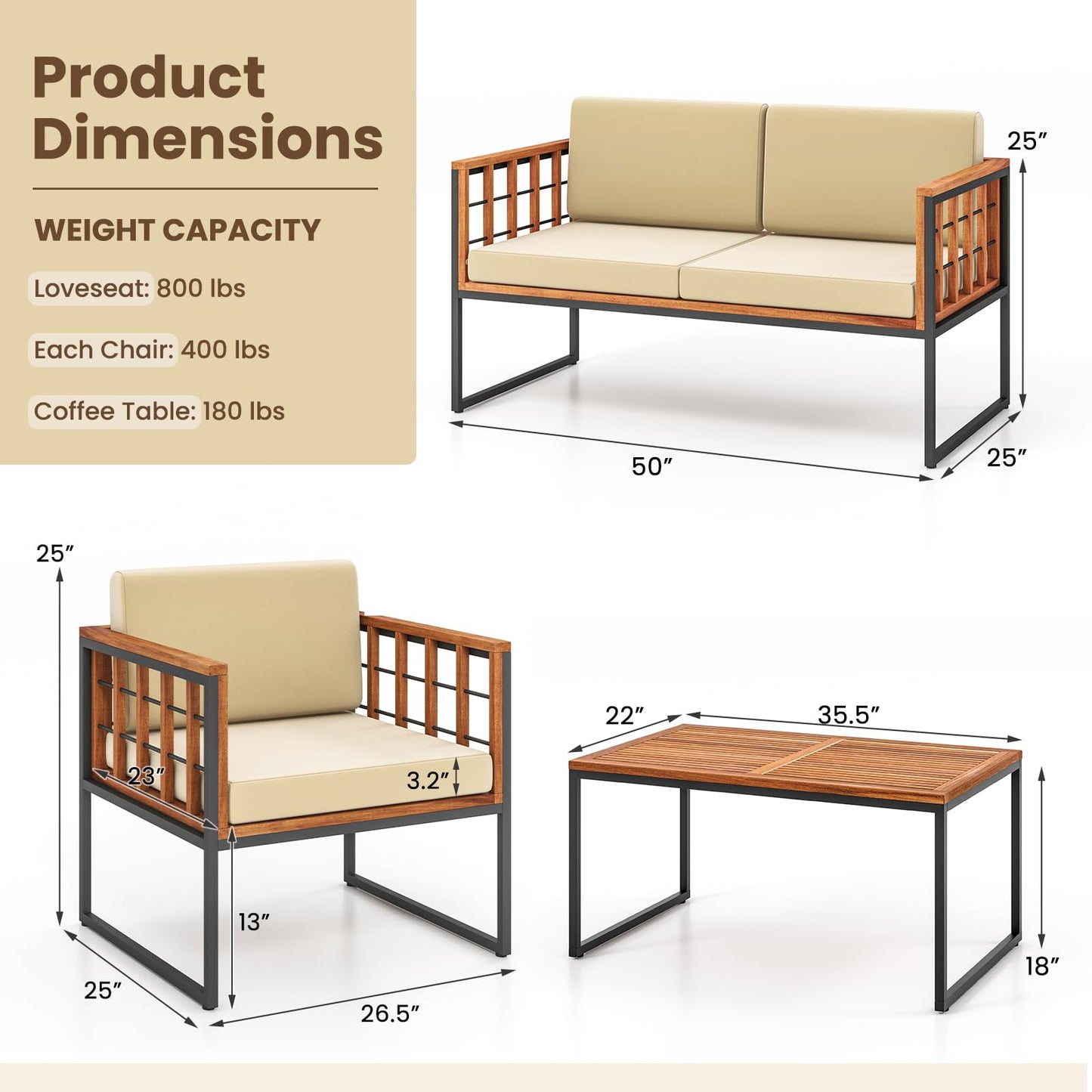 Tangkula Acacia Wood Outdoor Sofa Set, 4 Pieces Outdoor Furniture Set with Heavy Duty Metal Frame, Soft Seat & Back Cushions, for Balcony, Porch, Backyard or Poolside (1, Beige) - WoodArtSupply