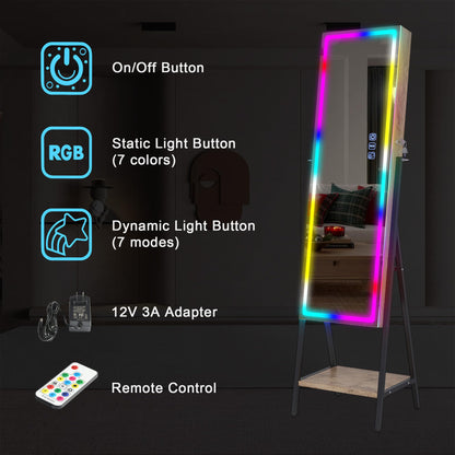 HNEBC RGB LED Mirror Jewelry Cabinet,Standing Jewelry Armoire Organizer Full Length Mirror with Storage, Lockable Jewelry Mirror for Women's Christmas Gift, 14 Lighting Modes (RGB-Wood) - WoodArtSupply