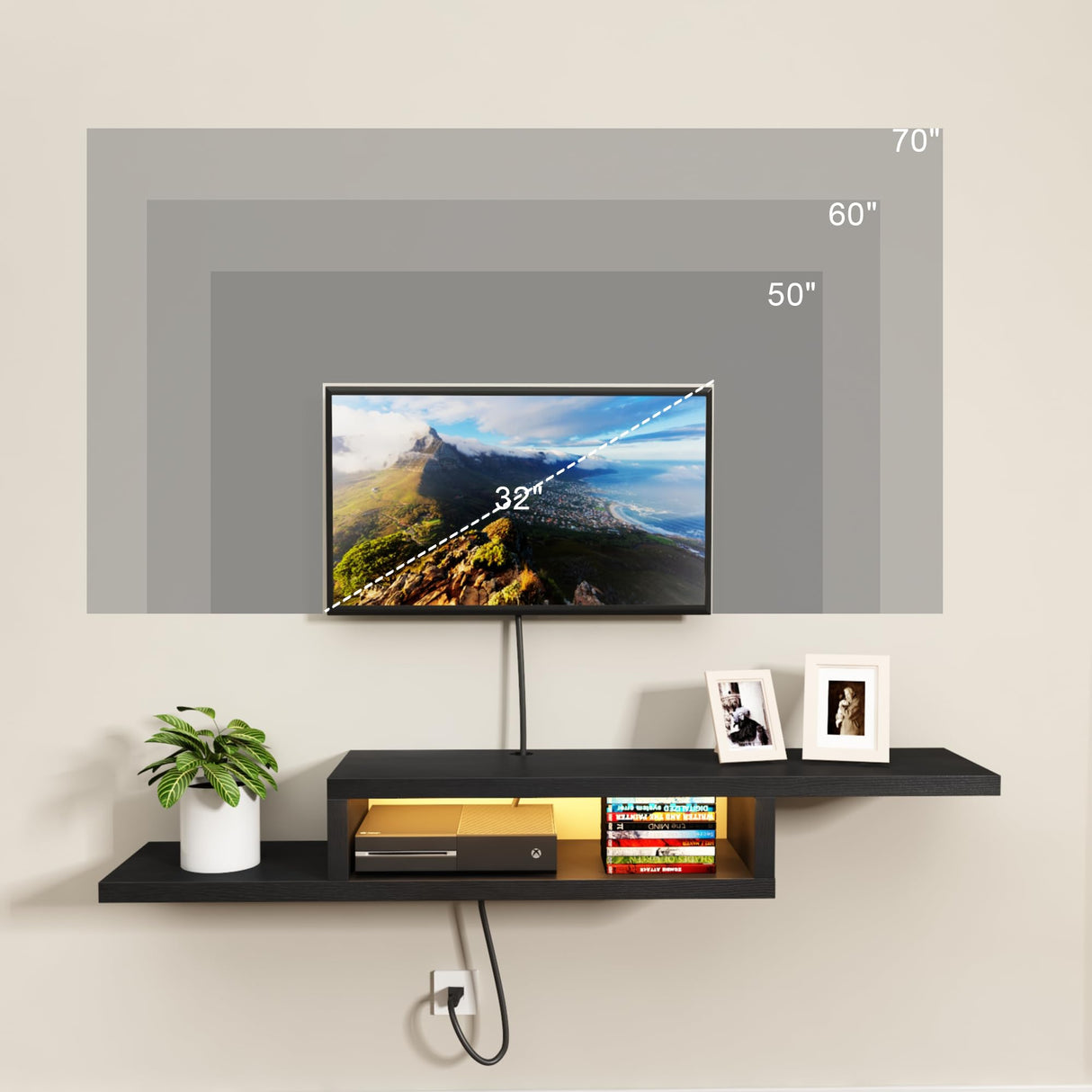 ChooChoo Floating TV Stand Shelf with LED, Wall Mount Entertainment Center, 60'' Media Console Stand for Living Room, Bedroom, Black ChooChoo