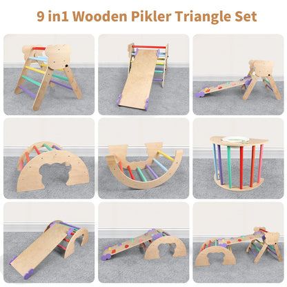 Agiyimi Pikler Triangle Set, 9 in 1 Foldable Toddler Climbing Toys Indoor, Wooden Montessori Climbing Set with Sliding Ramp Ladder Arch Collapsible Storage Bin, Playground Jungle Gym for Toddlers