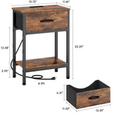 Vagusicc Nightstand with Charging Station, End Table with Fabric Drawer, Small Side Table with 2-Tier Storage Shelves, 25.4" Tall Bedside Table, Night Stand for Bedroom Living Room Dorm, Rustic Brown Vagusicc