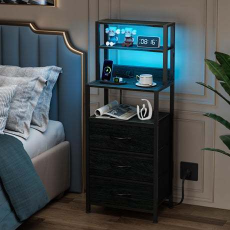 Furnulem Night Stand, Tall Nightstand with 4-Tier Shelves and 3 Fabric Drawers, LED Bed Side Tables with Charging Station, Bedside Table for Bedroom, Hallway, Home Office, Black Oak Furnulem