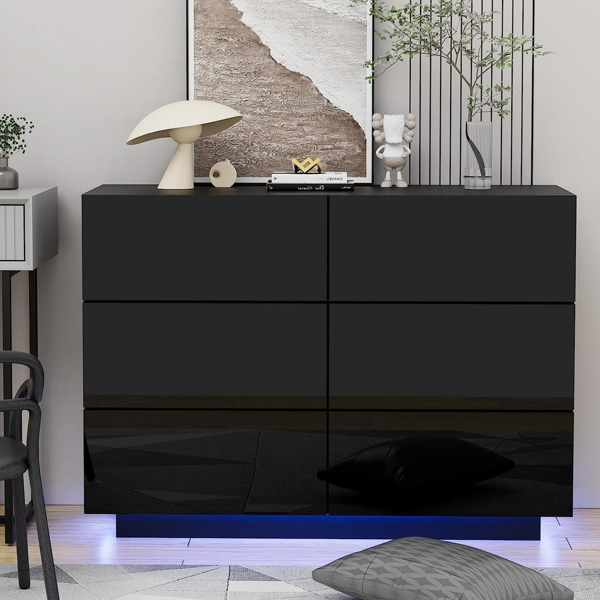 UEV LED 6 Drawer Dresser,White Dresser for Bedroom with Light,Chest of Drawers with High Glossy finsh for Bedroom,Living Room,Entryway(Black) UEV