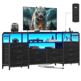 busyaeh 65 Inch Tv Stand with 12 Drawers for 55 65 70 in Tv Stands with Led Lights & Charging Station, 63" Dresser Tv Stand with Open Shelves & 6 Metal Hooks for Bedroom Living Black busyaeh