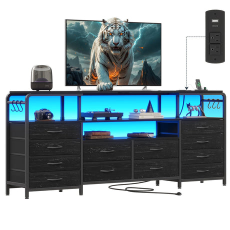busyaeh 65 Inch Tv Stand with 12 Drawers for 55 65 70 in Tv Stands with Led Lights & Charging Station, 63" Dresser Tv Stand with Open Shelves & 6 Metal Hooks for Bedroom Living Black busyaeh