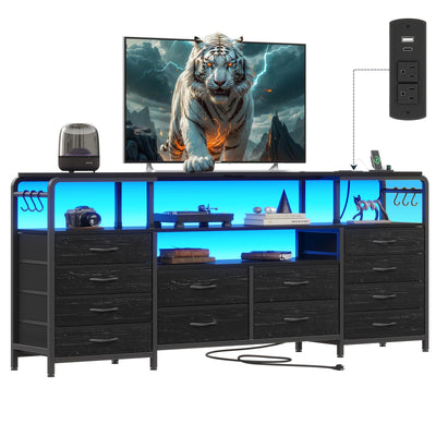 busyaeh 65 Inch Tv Stand with 12 Drawers for 55 65 70 in Tv Stands with Led Lights & Charging Station, 63" Dresser Tv Stand with Open Shelves & 6 Metal Hooks for Bedroom Living Black