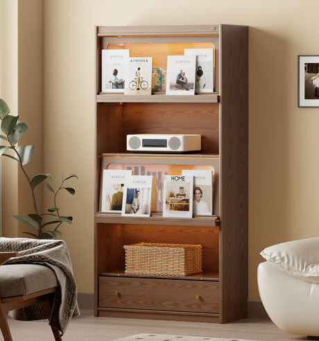 Solid Wood Bookcase With Flip-Up Tempered Glass Doors And 3 Color Led Lights,4 -Tier Wooden Bookshelf And 1 Drawer,Tall Bookshelves Modern Storage Cabinet Kitchen Pantry For Living Room,Office AnywaysWood