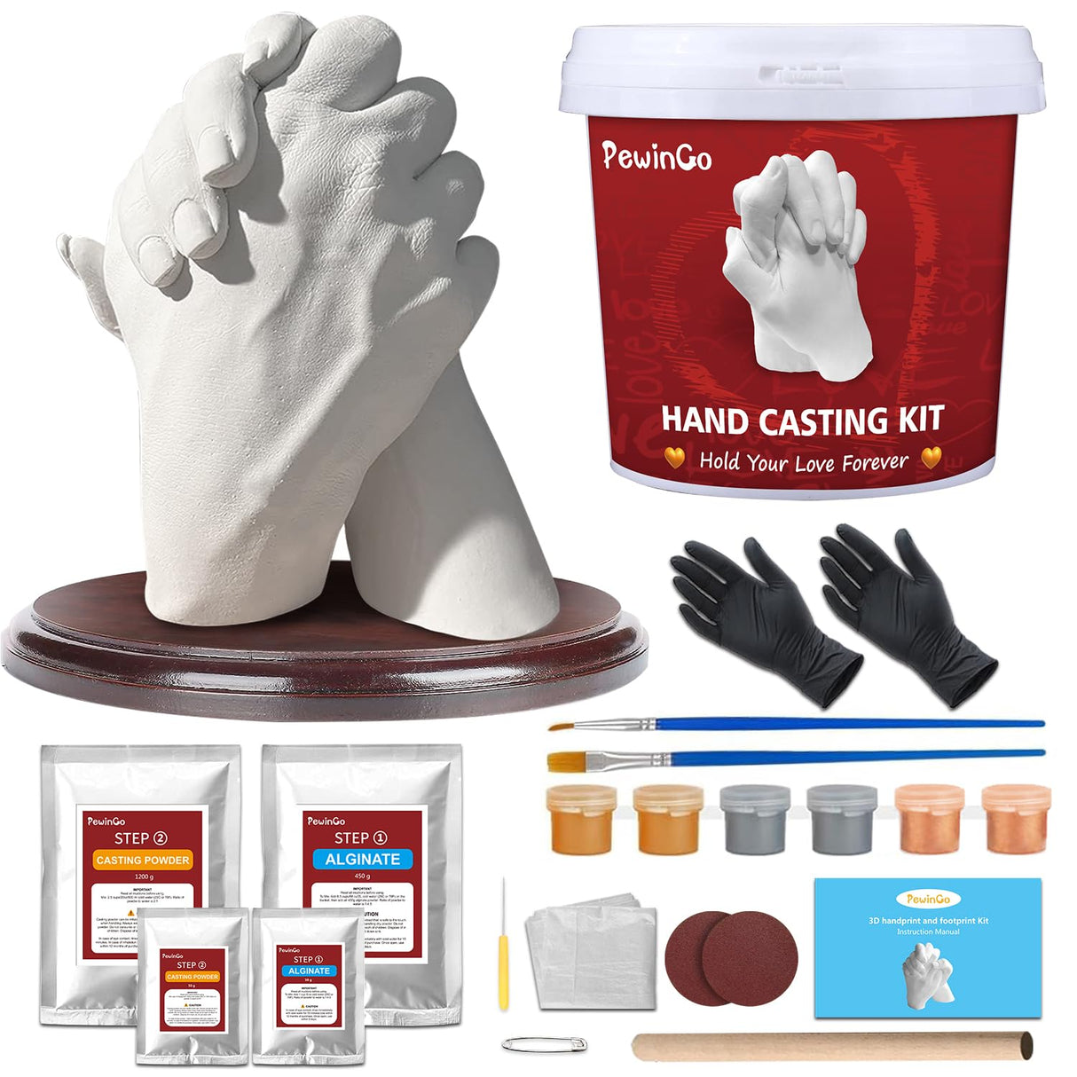 PewinGo Hand Casting Kit With Base - DIY Plaster Mold for Couples - Gift Ideas for Valentines, Engagement, Anniversary, Wedding, Boy/Girlfriend PewinGo