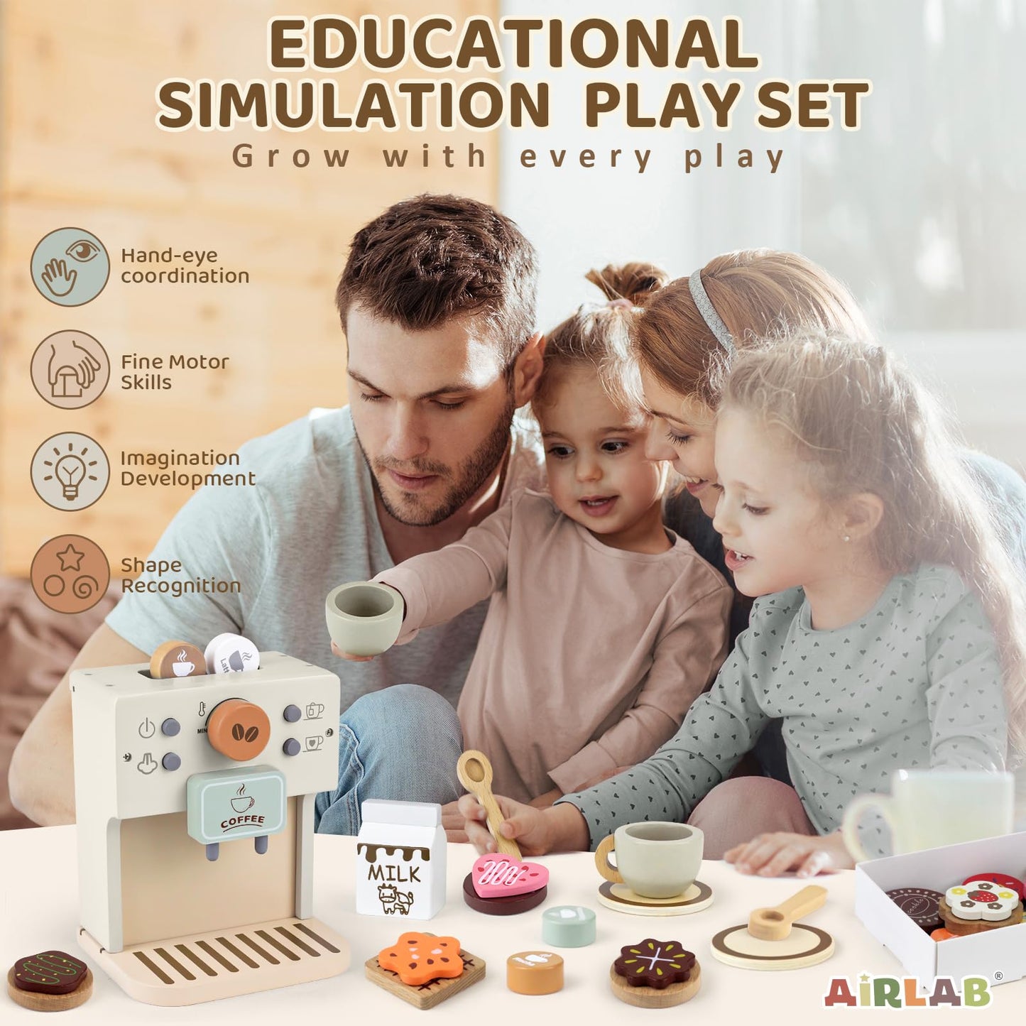 Airlab Toy Coffee Maker for Kids Wooden Kitchen Accessories Pretend Play Toddler Coffee Playset for Girls Boys Ages 3 4 5 Years Birthday Gifts