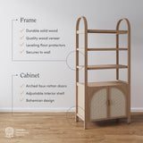 Nathan James Paxton Mid-Century Modern Arched Bookshelf Cabinet with Solid Wood Frame and Rattan Base, Raw Oak Nathan James