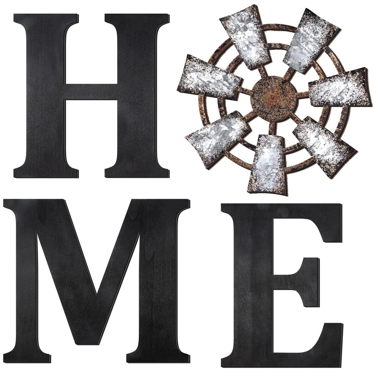 4 Pieces Rustic Home Decor Wooden Home Letters for Wall Windmill Wall Decor Farmhouse Wall Home Sign Brown Home Hanging Wood Sign Farmhouse Decor for Living Room Kitchen Bedroom Front Porch (Black) Qunclay