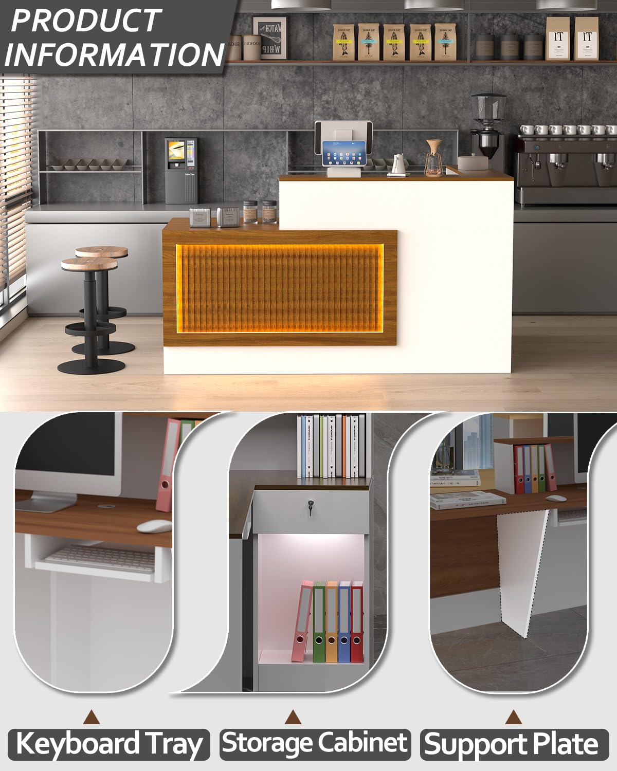 60″/71″ Modern Desk with Counter and Drawers, L Shaped Reception Desk with LED Lights, Made of Multi-Layer Solid Wood，Suitable for Lobby, Salon, Retail, Corporate Hall (Walnut-Right, 71″) Generic