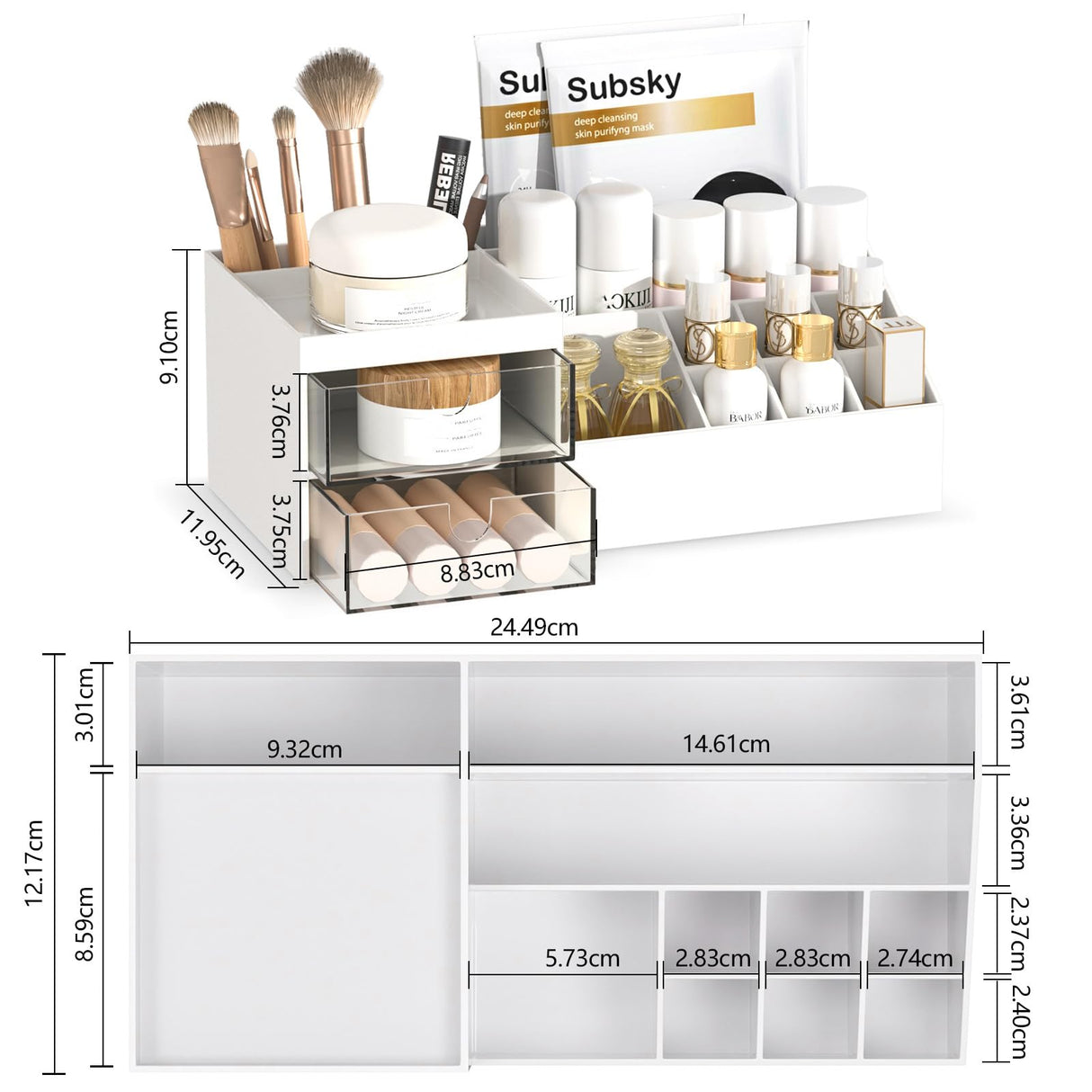 Subsky Makeup Organizer with Drawers, Easy Storage for Beauty Products Brushes, Multifunction Plastic Desk Organizer, Cosmetics Organizer for Countertop Dresser Vanity and Bathroom (White) Subsky