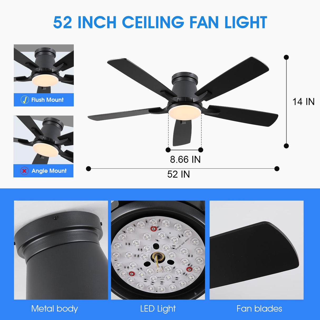 Surtime 52" Ceiling Fans with Lights-Low Profile Ceiling Fan with Light and Remote/APP Control,Flush Mount,DC Reversible,LED Dimmable Blakc Ceiling Fans for Bedroom,Indoor/Outdoor Patio Use Surtime