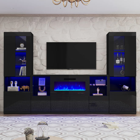 AMERLIFE 3 Piece Modern High Gloss Fireplace TV Stand + Bookcase Set for Living Room Includes 68" TV Stand with 40" Fireplace, 2 X Bookcase Storage Cabinet with Doors & 20 Colors LED Lights, Black AMERLIFE